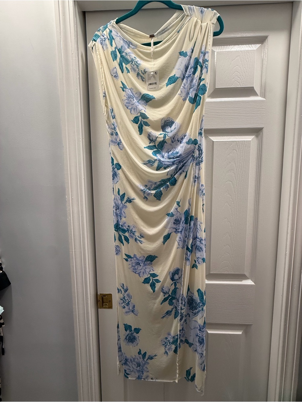 Free People Cream Midi Dress with Blue Floral Drape Mesh with Side Slits - L